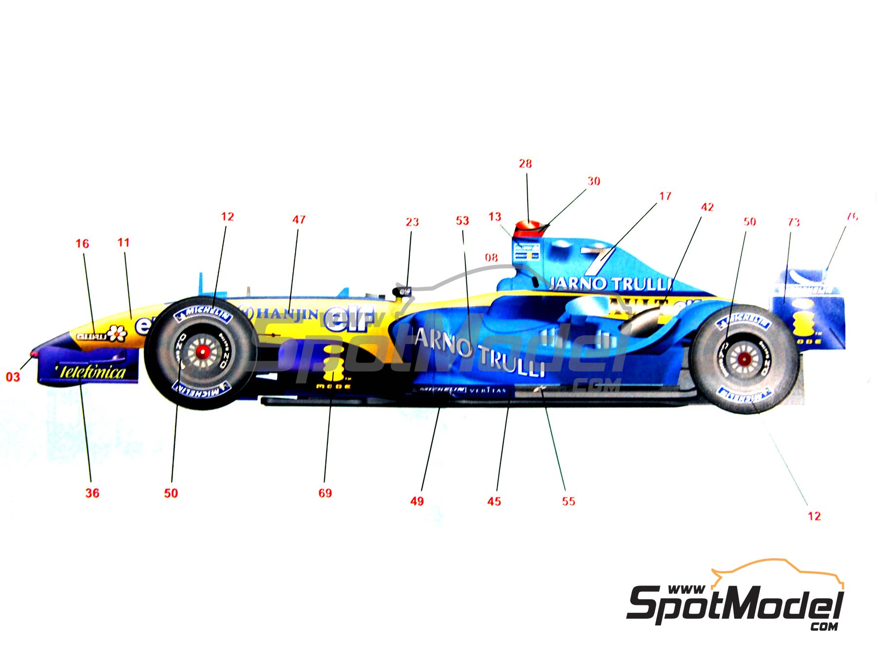 Renault R24 Renault F1 Team sponsored by Mild Seven - Monaco Formula 1  Grand Prix 2004. Car scale model kit in 1/43 scale manufactured by Tameo  Kits (